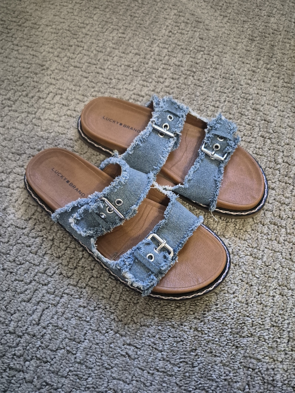 Lucky Brand Frayed Denim Double-Buckle Slide Sandals - Blue/Tan